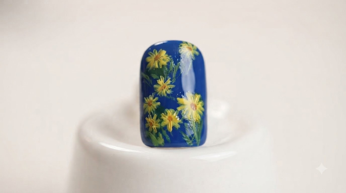 Midsummer Wild Daisy Nail Art — Hand-Painted Blue Gel Tutorial