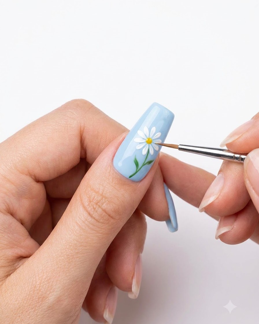A close-up of a hand using a fine brush to paint white daisy petals on a light blue nail base.