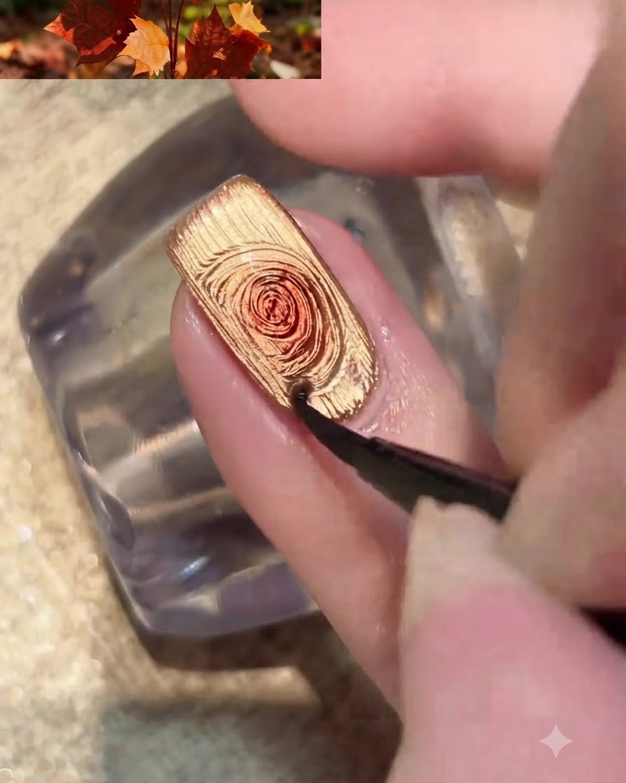 A small nail magnet positioned near the side edge of a gold cat-eye gel painted nail.