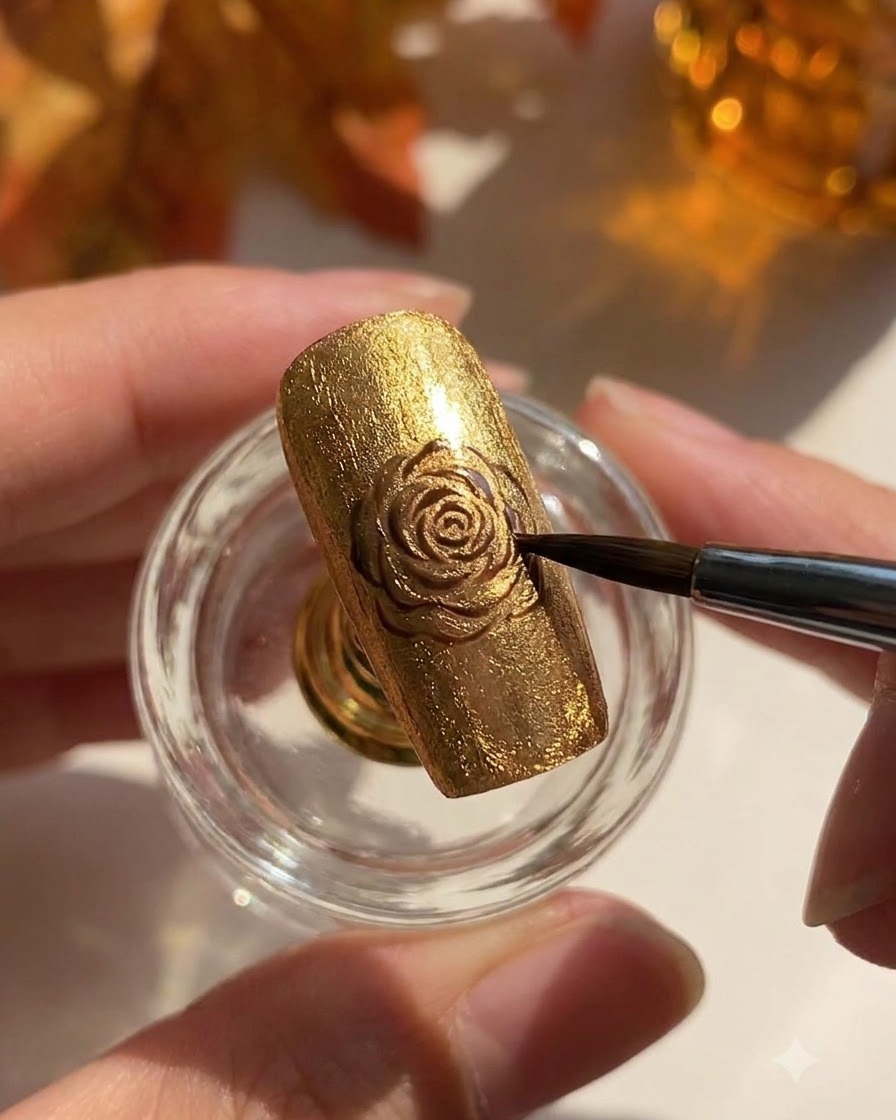 A detail brush or tool refining the surface of a gold shimmering cat-eye nail set on a holder.