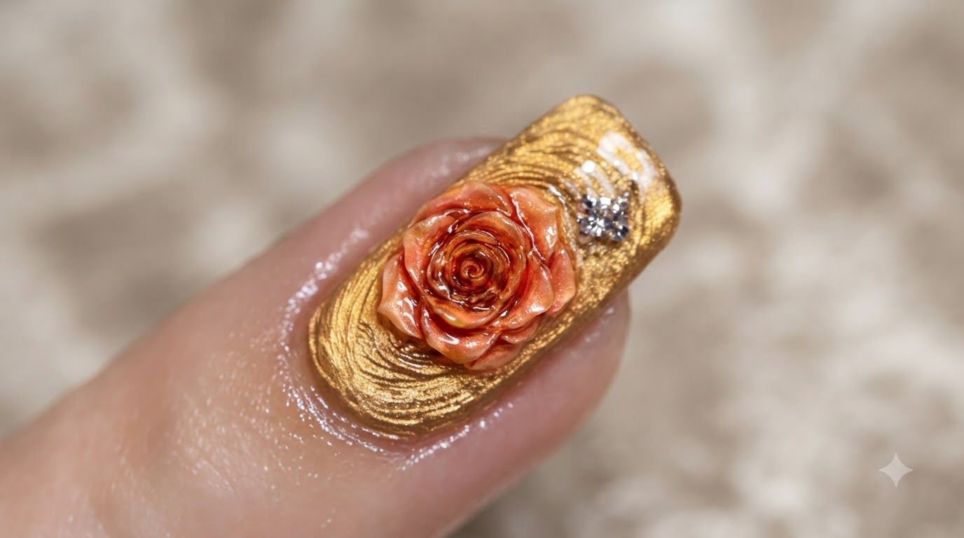 Autumn Sunset Rose Cat-Eye Nails — Step-by-Step 3D Nail Art Tutorial