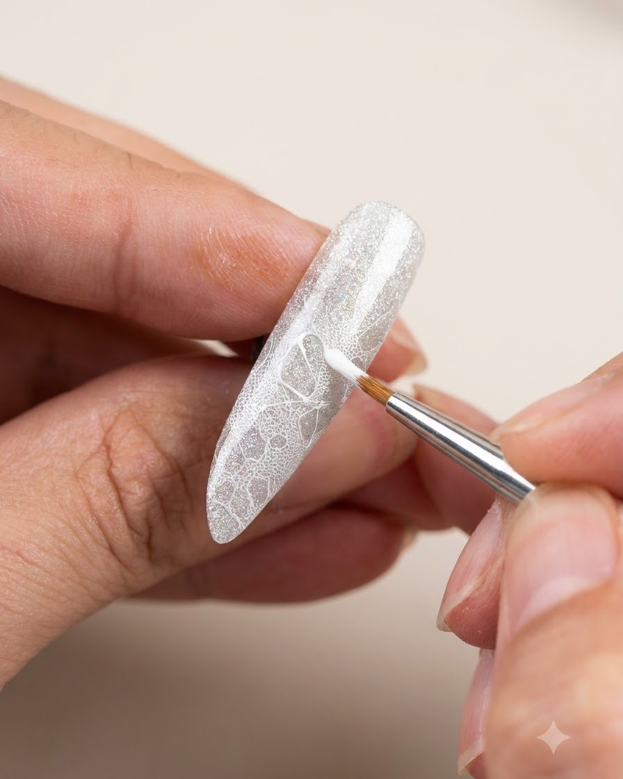 A fine nail art brush meticulously forming and pressing out white flower petals over a lace pattern on a nail tip.