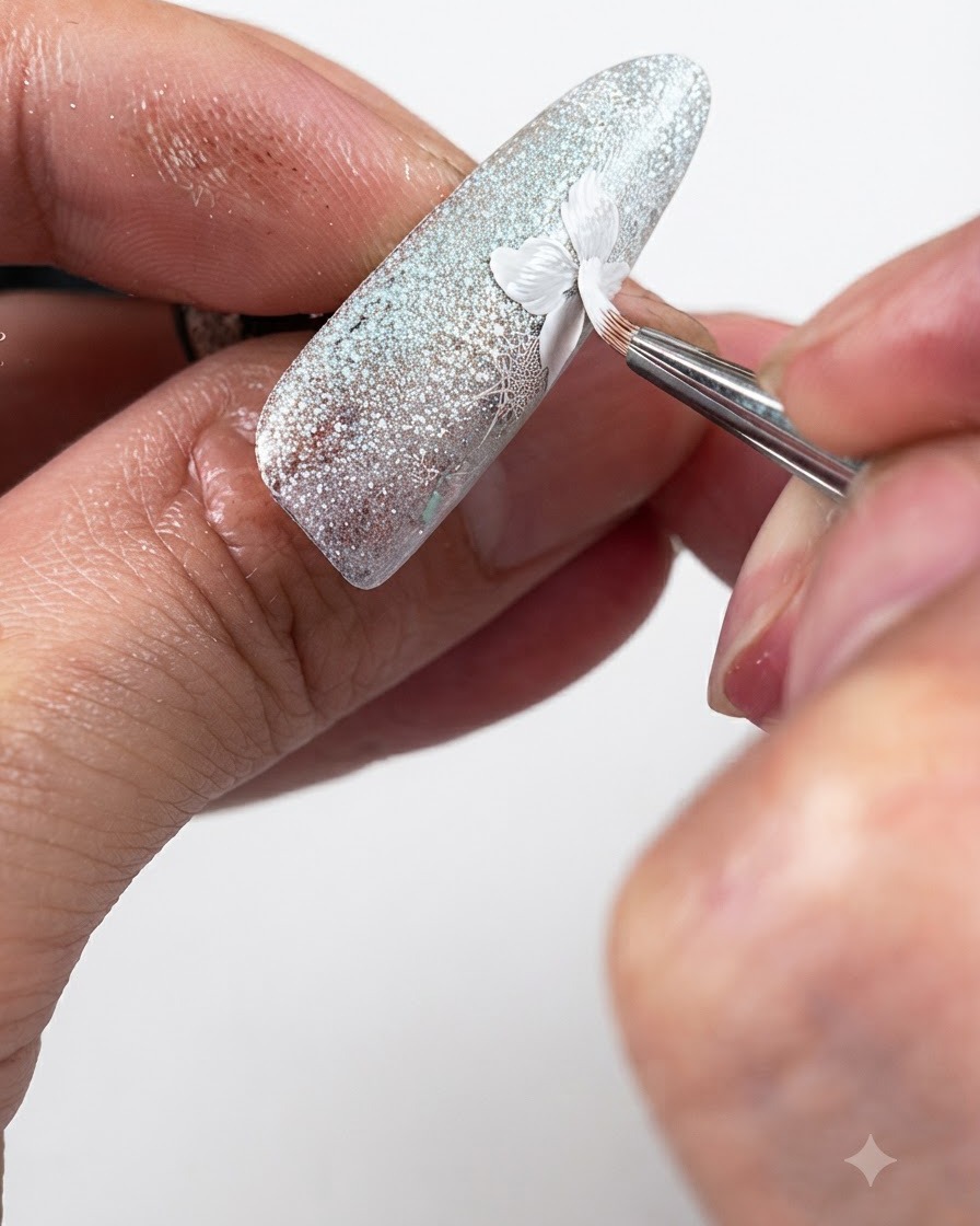 A fine brush applying a matte top coat precisely onto the painted white flower petals on a sparkly nail.