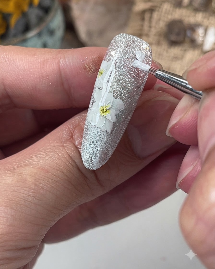 A fine brush dotting blue gel into the center of the white flower and delicately blending it outward.