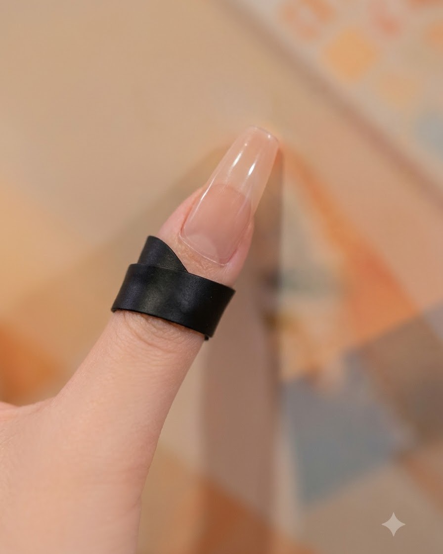A close-up of a fingernail wearing a black ring, with a fine brush applying off-white gel near the cuticle and base area.