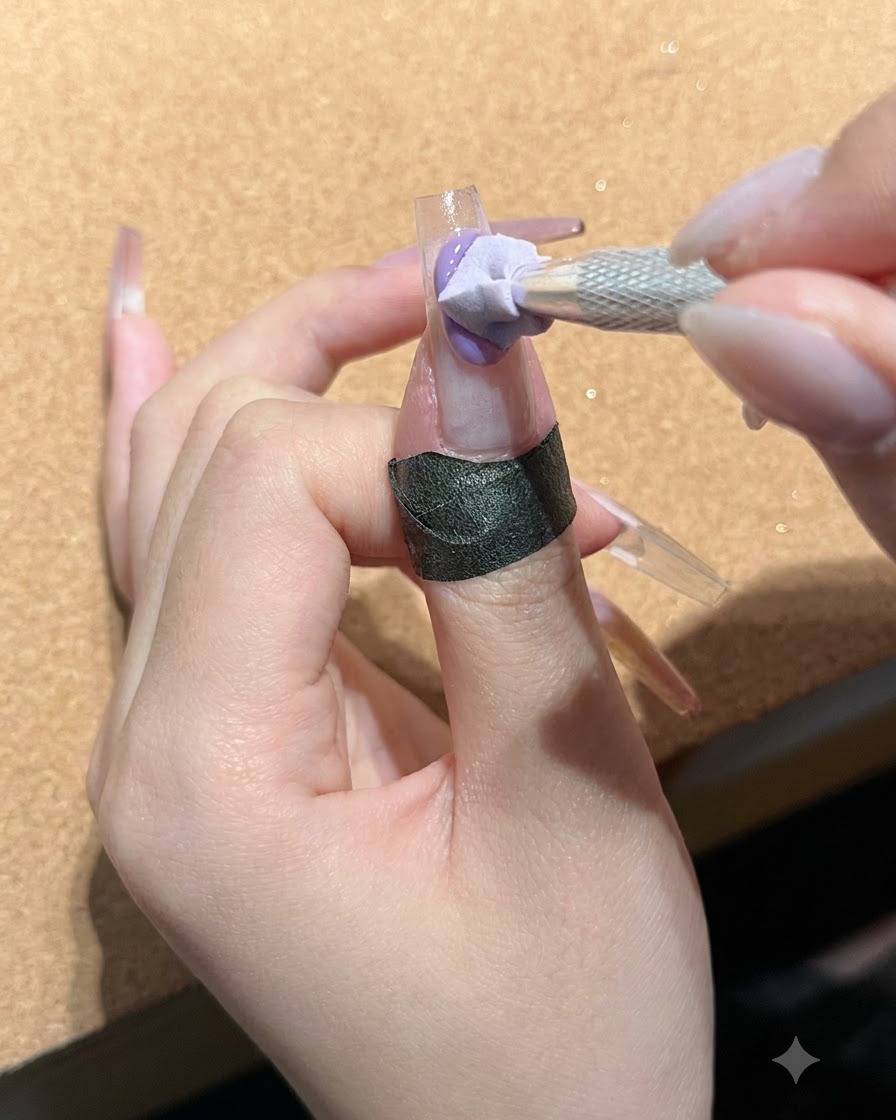 A hand holding a small sponge applicator, dabbing purple-toned gel onto the tip of a nail.