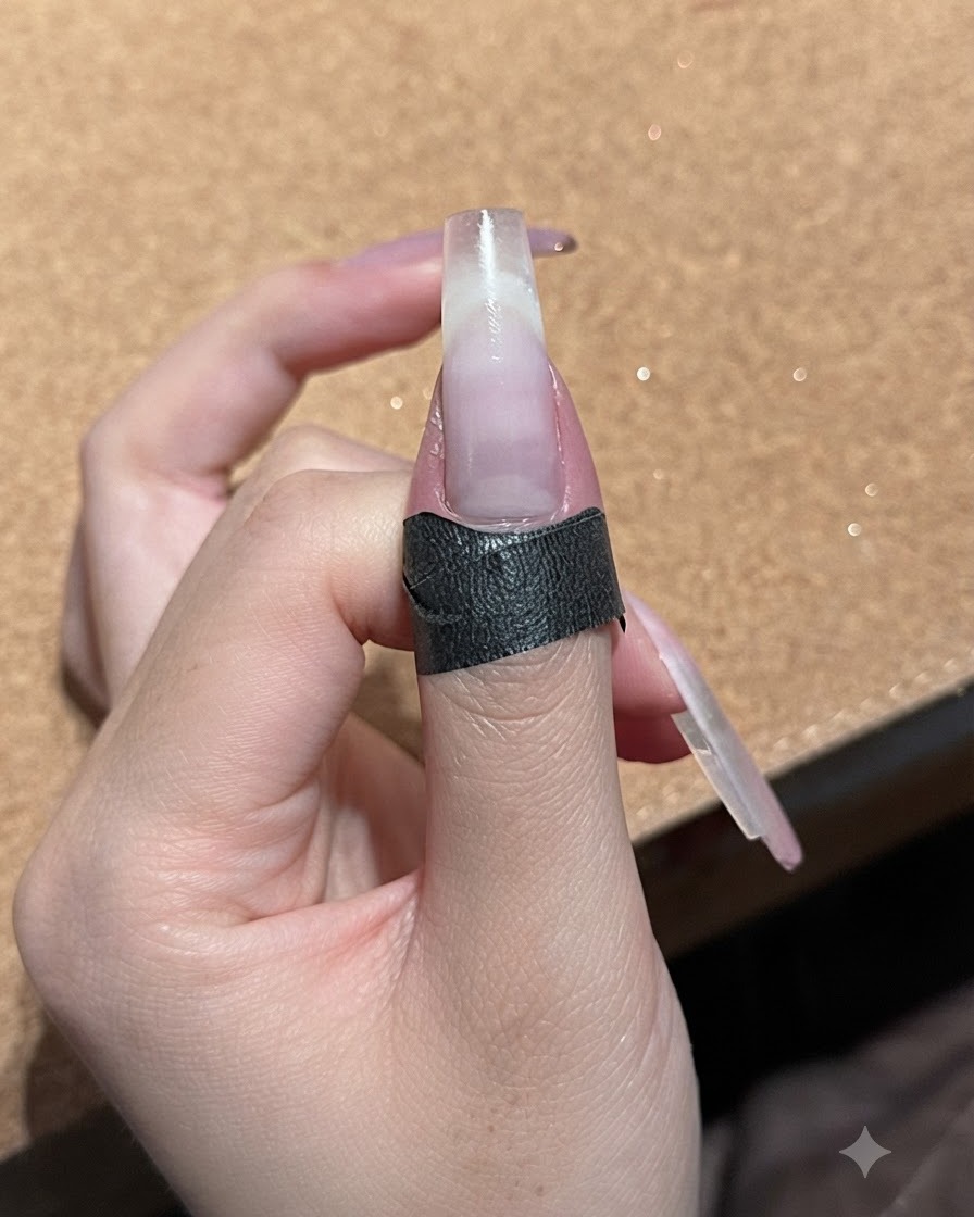 A close-up of a nail with a thin, glossy layer of white peach nude gel applied over the gradient.