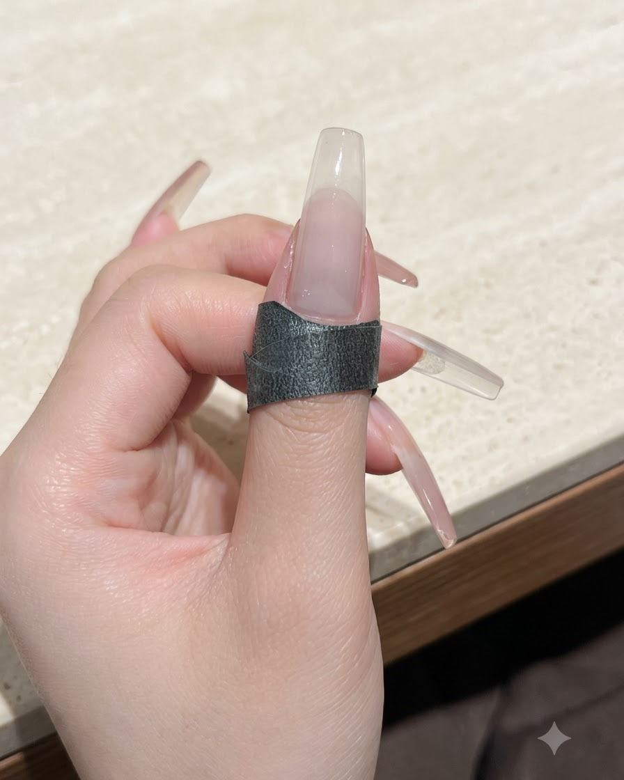 A nail showing a richer, more saturated white peach nude color after the second coat.