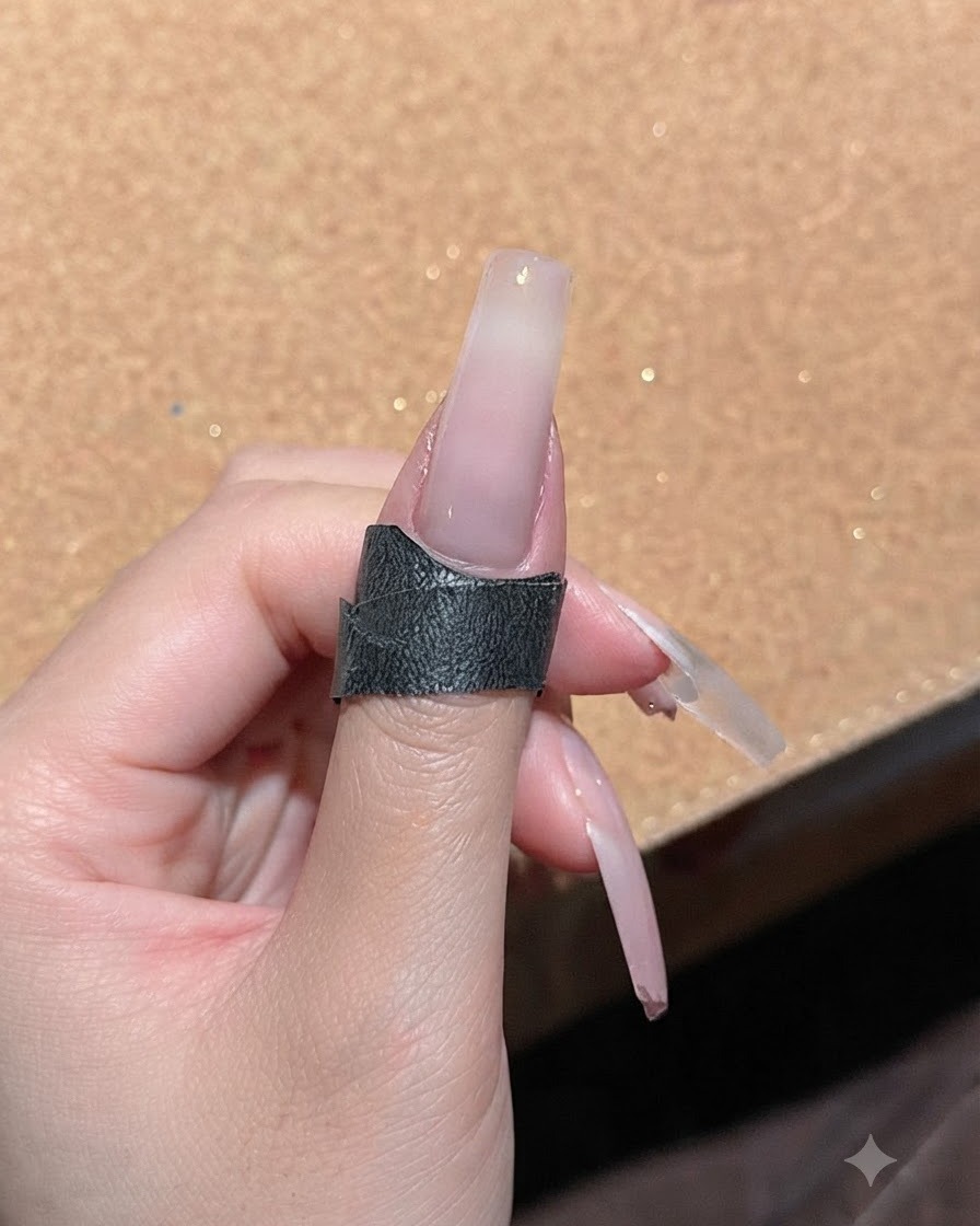 A nail covered with a thick layer of shimmering cat eye gel, ready for magnet placement.