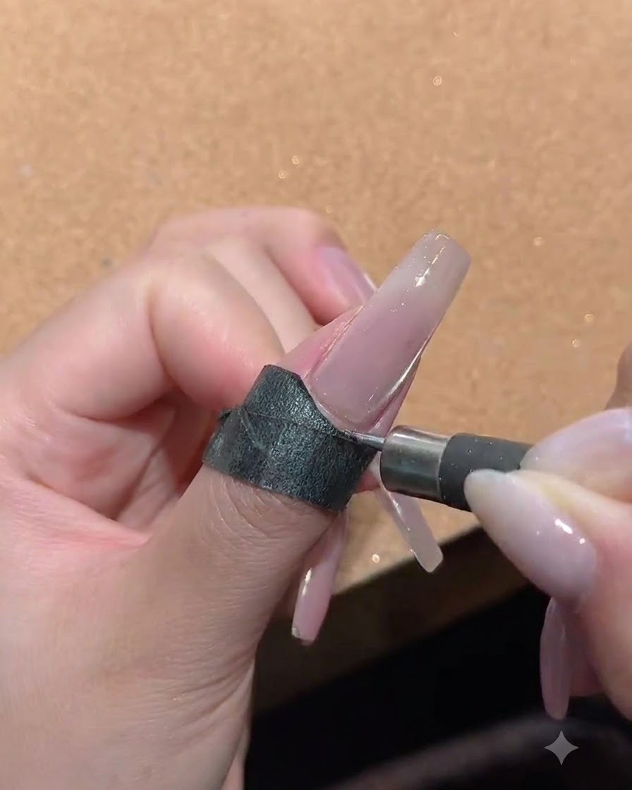 A close-up of a finger with a small magnetic wand held against the side of a glossy cat eye gel nail.