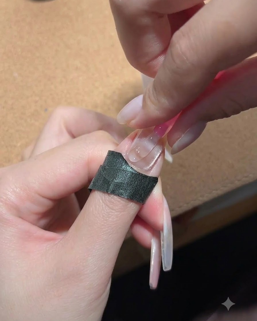 A finger wrapped with protective black tape while a cleansing wipe is used to clean the surface of the nail.