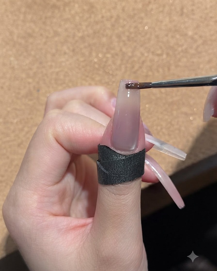 A small makeup sponge being gently tapped against the tip of a glossy nude nail.