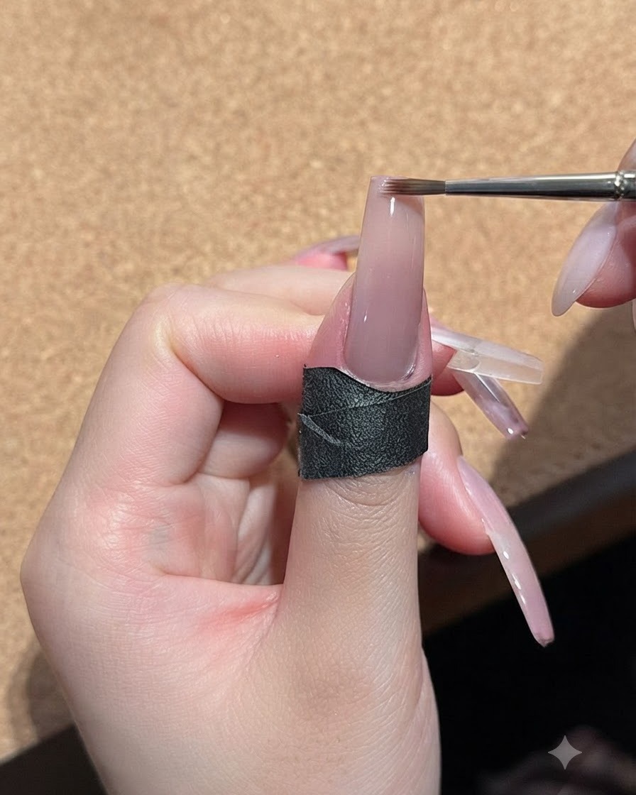 A fine nail brush applying a second layer of peach nude gel to the tip of a nail.