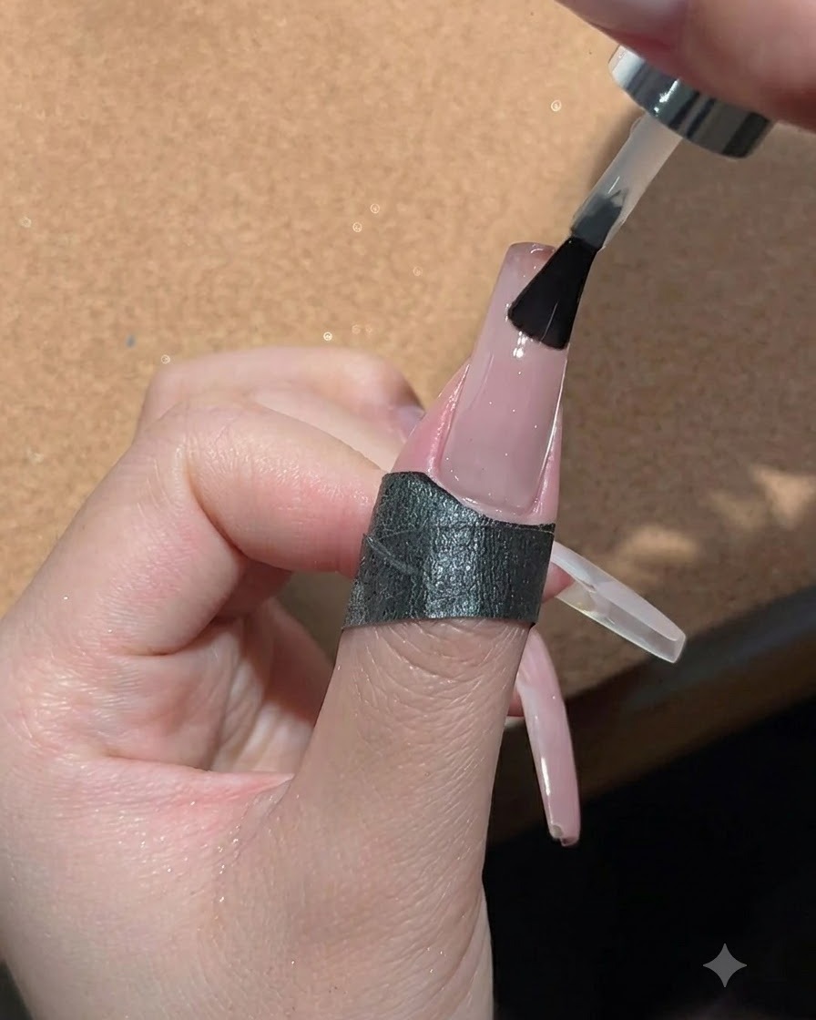 A brush applying a thick layer of glossy top coat sealant onto the finished gradient nail.