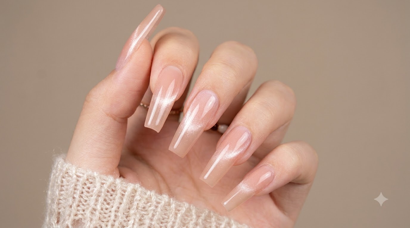 Spring White Peach Nude Ombre & Cat Eye Nails — Step-by-Step Tutorial