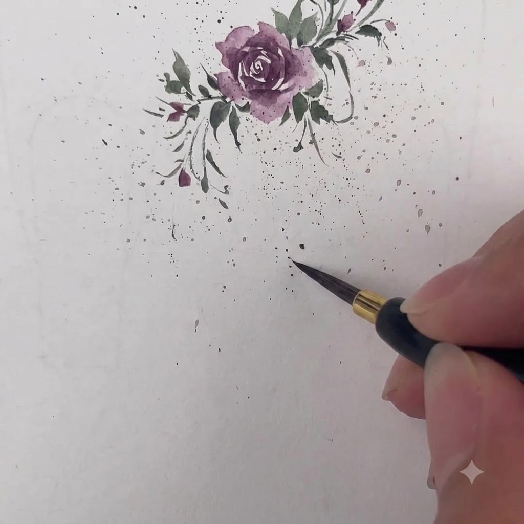 A fine brush painting a delicate figure-nine shape in dark purple on watercolor paper.