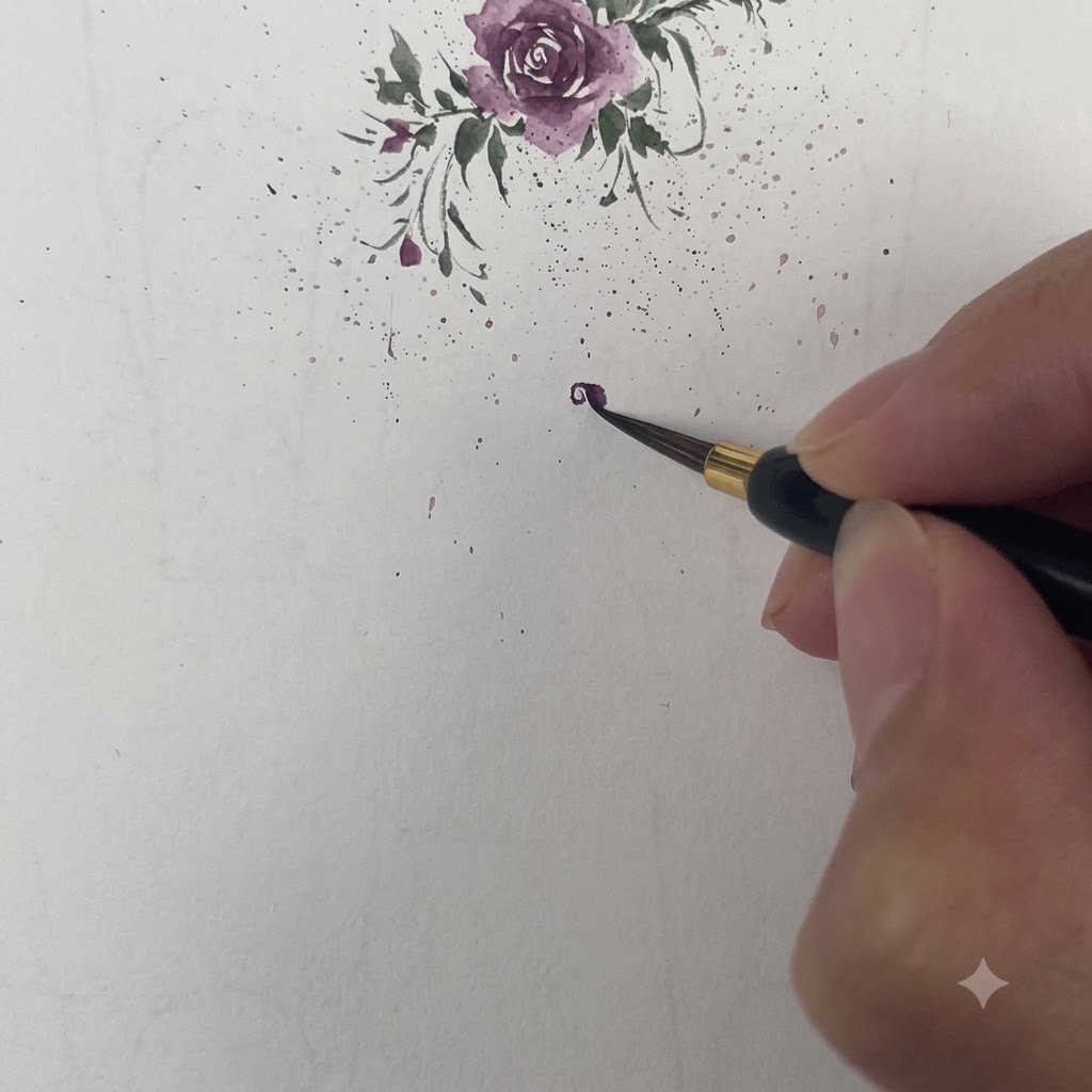 A fine watercolor brush applying a dark purple stroke to form the first petal wrapping around the flower center.
