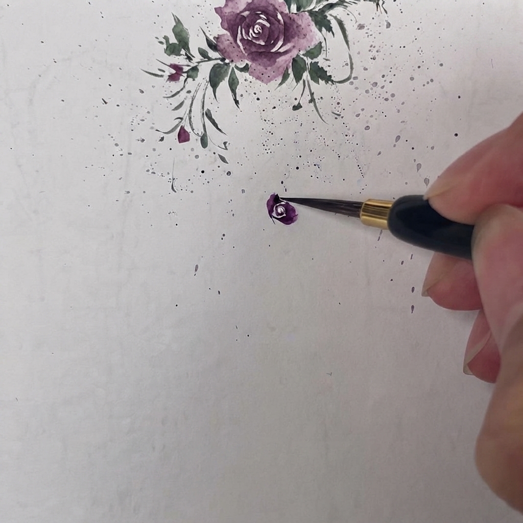 A paintbrush adding a second purple petal above the first, showing a distinct separation at their base points.