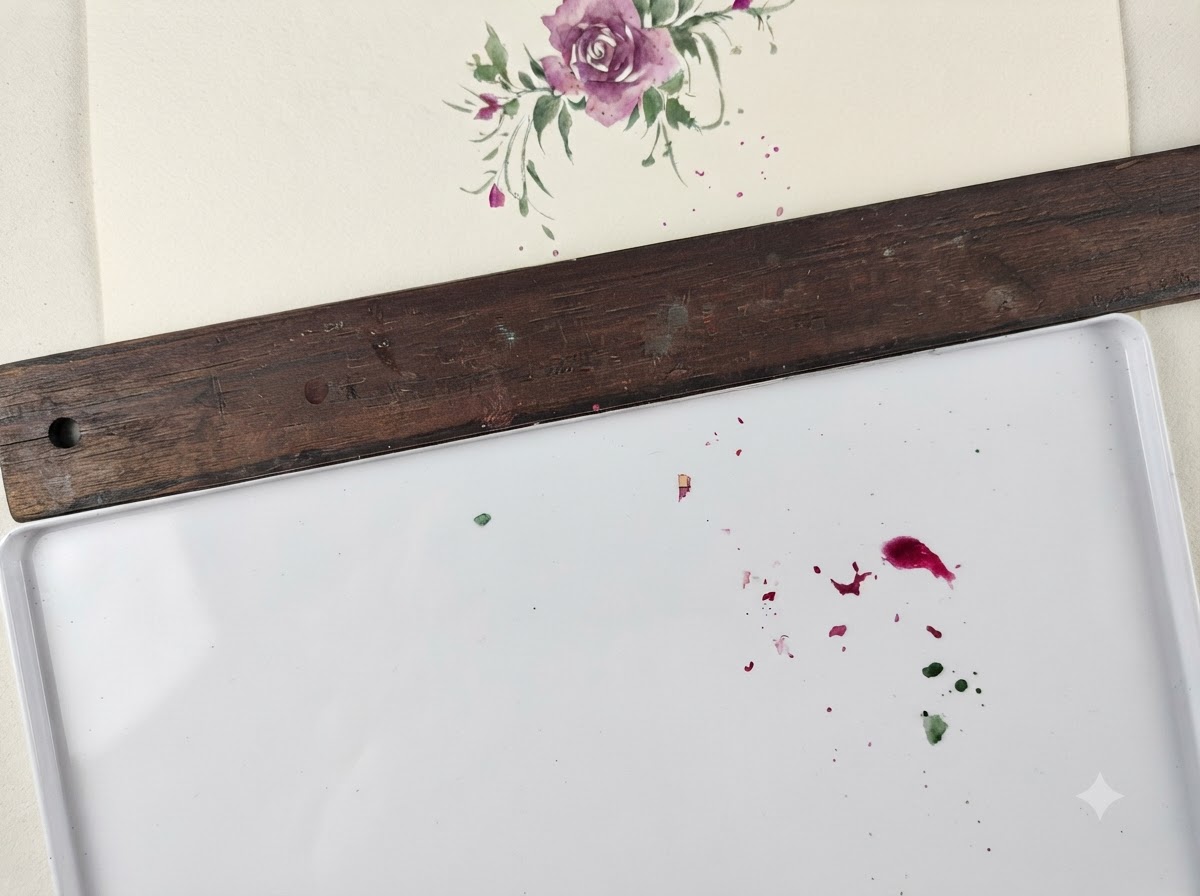 A watercolor palette showing a lighter purple wash mixed and ready for the next layer of petals.