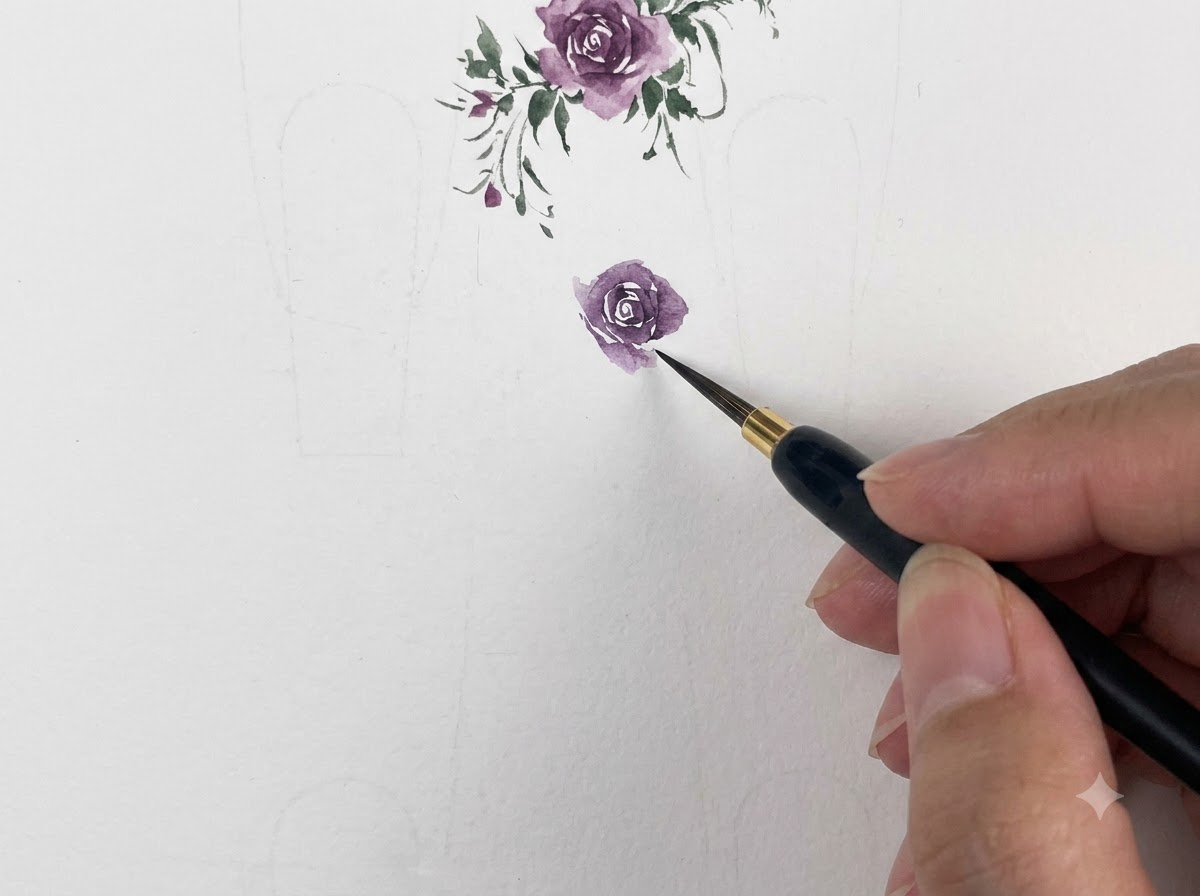 A fine watercolor brush loaded with a pale lavender pigment poised over a palette.