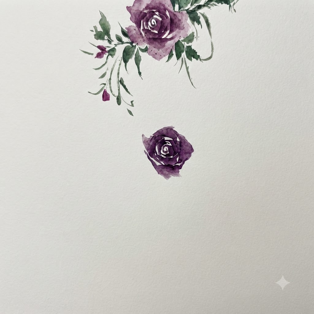 A watercolor brush dabbing light-colored, irregular blooming petal shapes outward from the central rose.