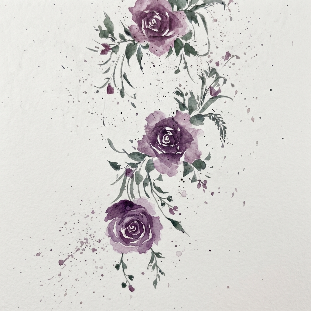 Watercolor foliage and open figure-eight green leaves painted around the purple rose.