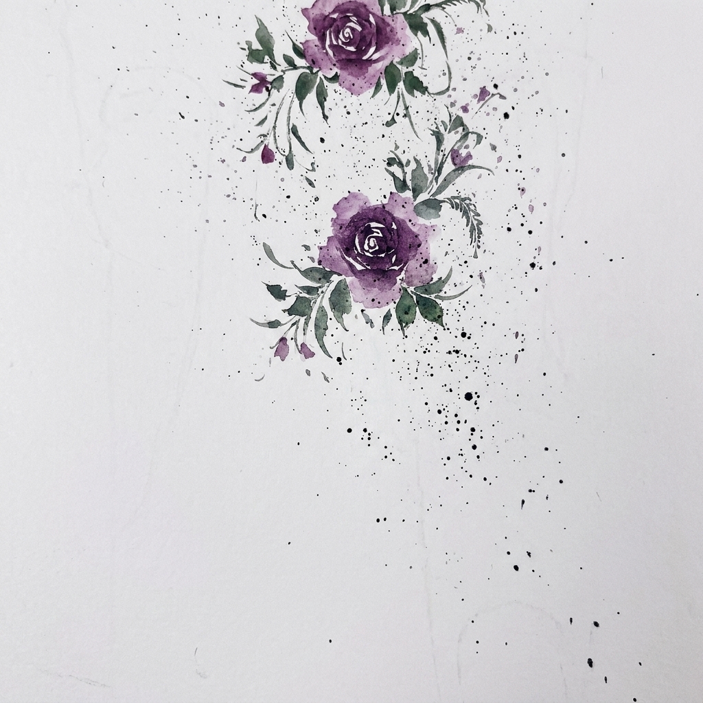 A delicate watercolor nail art composition featuring small filler leaves and a long slender leaf accent.