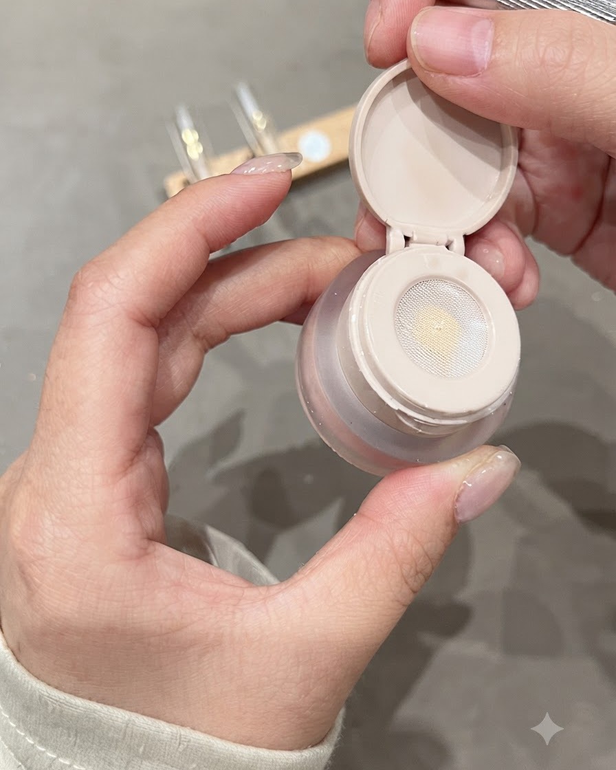 A close-up view of a sponge-tipped applicator holding Pat Pat gel over a clear nail tip.