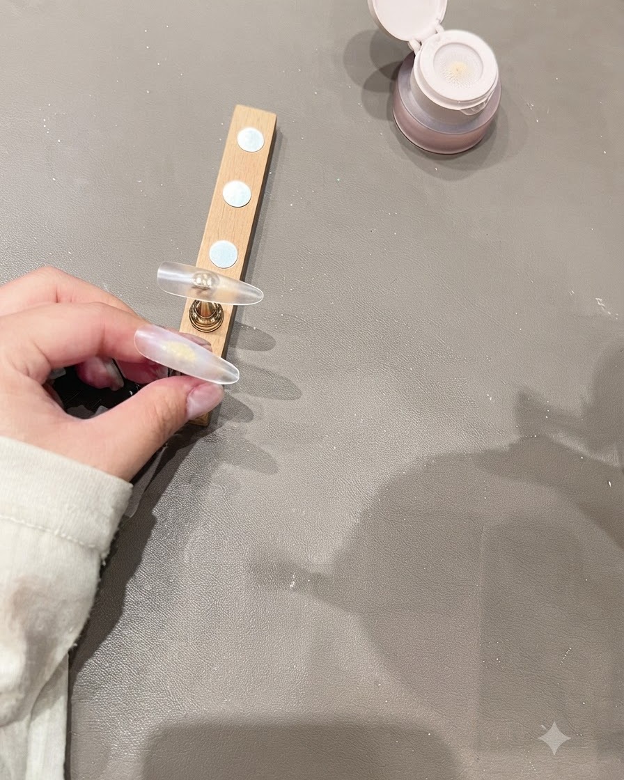 A nail tip positioned on a wooden stand next to a gel container.