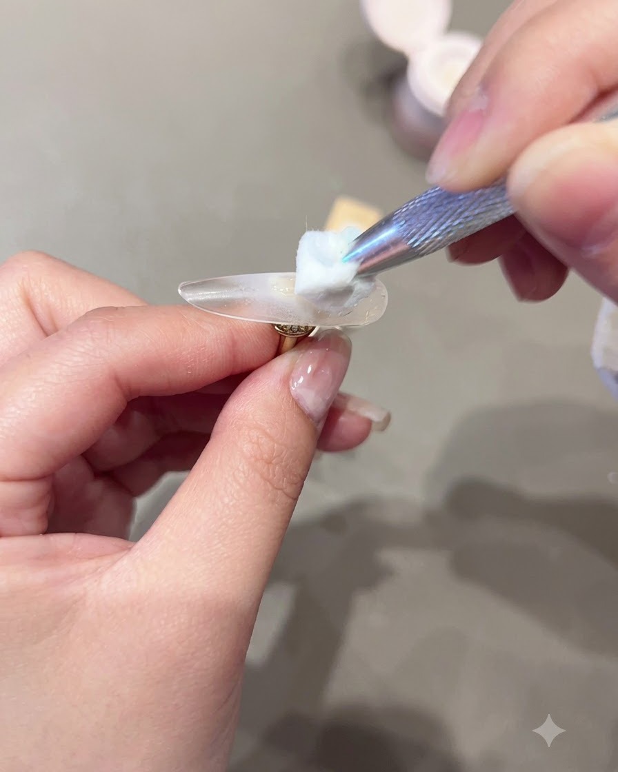 A tool holding a cotton pad with liquid applying product onto a clear nail tip.