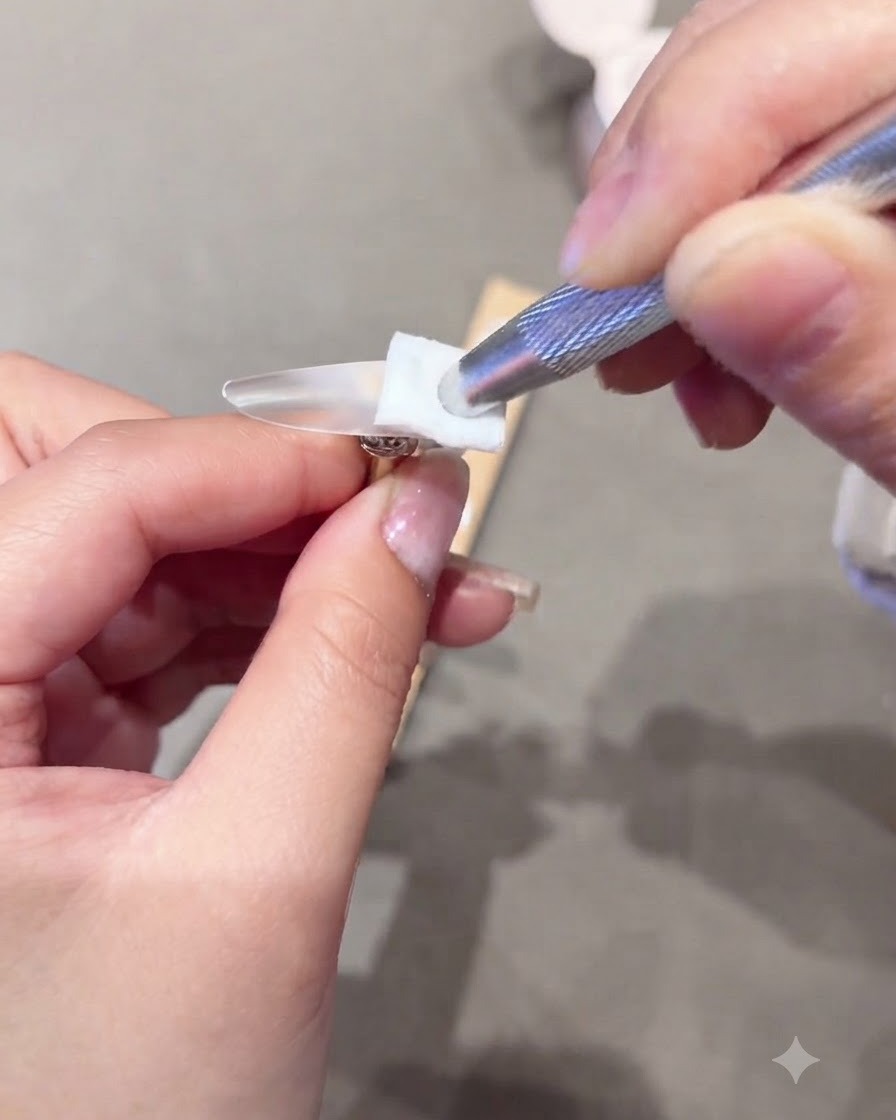 A tool wiping the surface of a clear nail tip with a cotton pad.