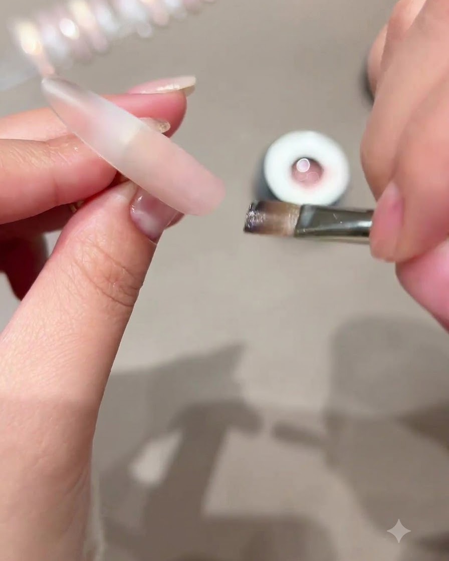 A nail tip held next to a gel brush, showing the transition area for the gradient effect.