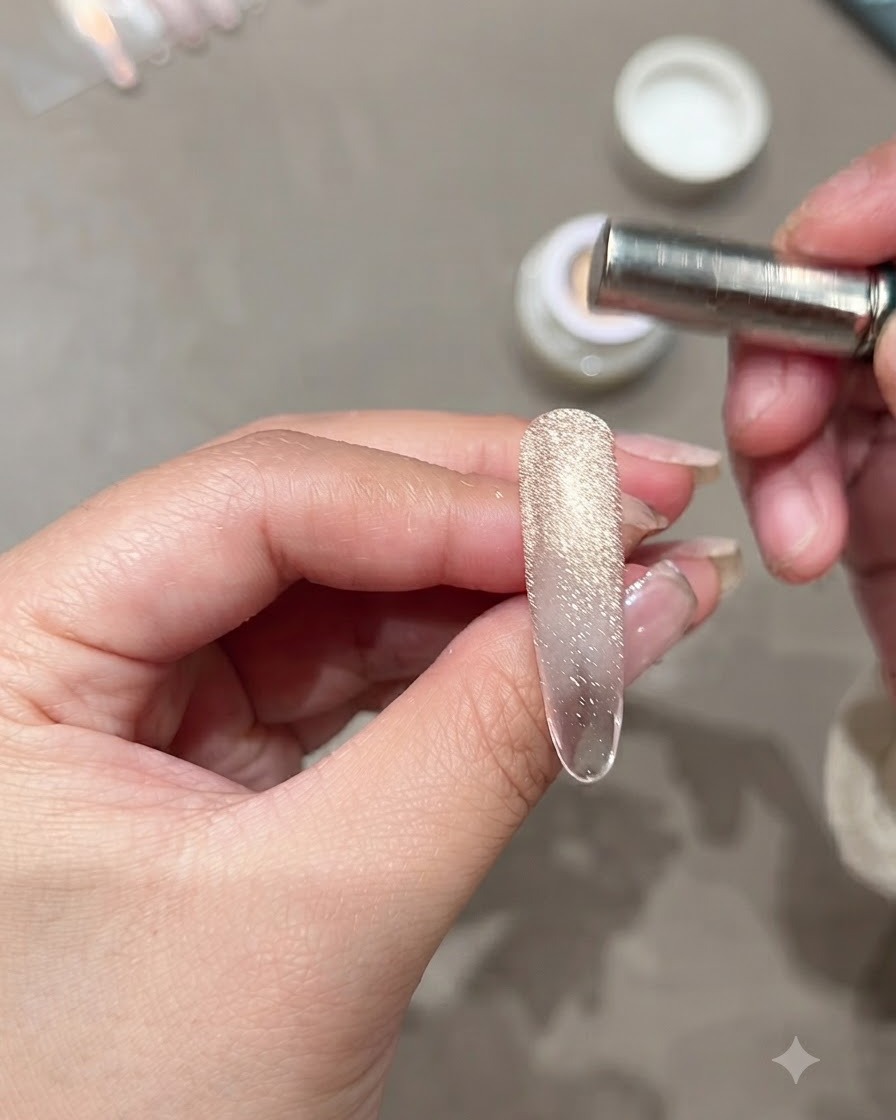 A close-up of a hand holding a cylindrical magnet above an elongated nail, revealing a wide band of shimmering cat-eye effect.