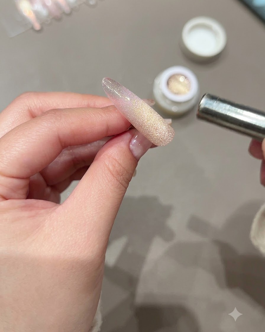 A hand using a small magnet to push the glowing cat-eye particles toward the center stripe of a long nail.