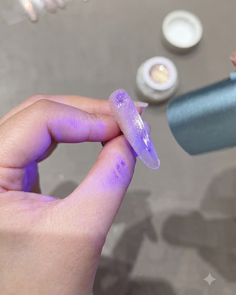 A hand holding a purple-lit UV curing lamp over an elongated nail with a centered cat-eye shimmer design.