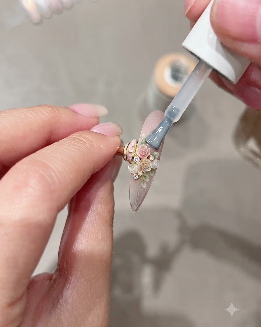 A brush applying a clear top coat of Moding C8 mirror gel onto an elongated nail adorned with 3D miniature floral art.