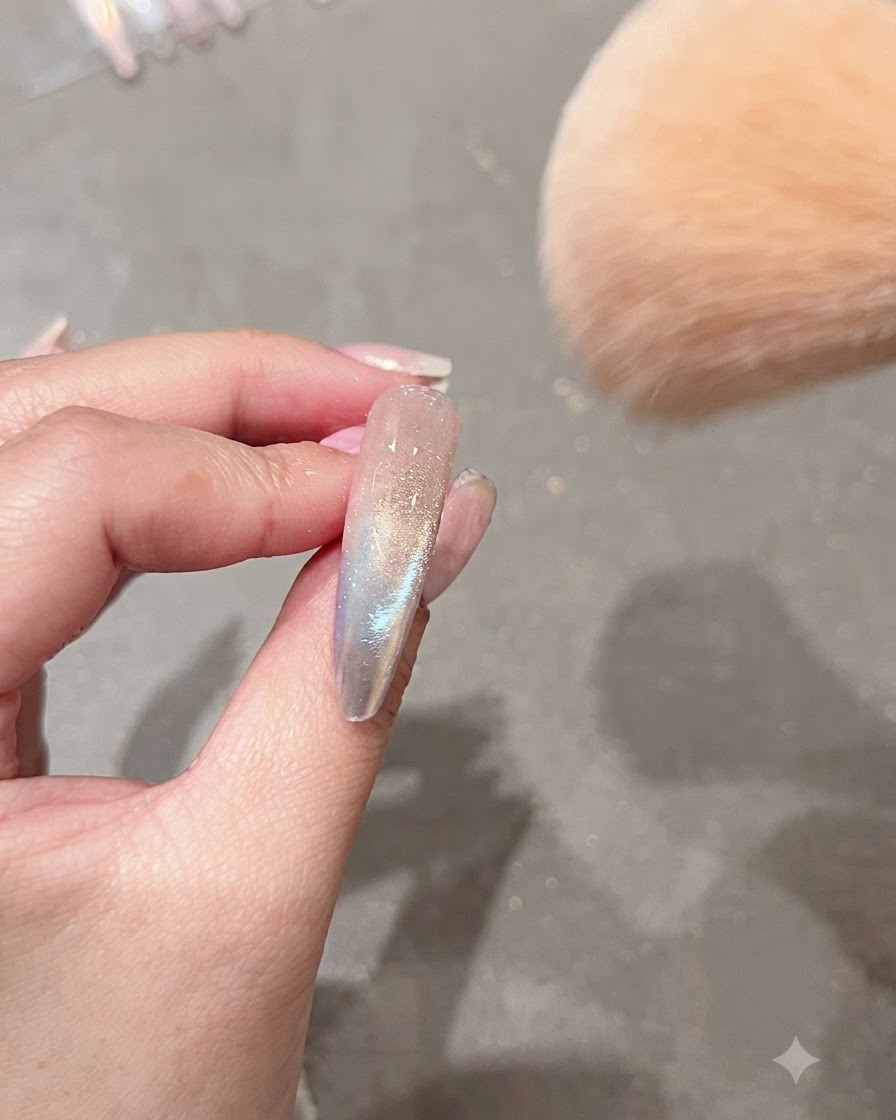 A large fluffy makeup brush sweeping away excess aurora powder from a decorated nail.