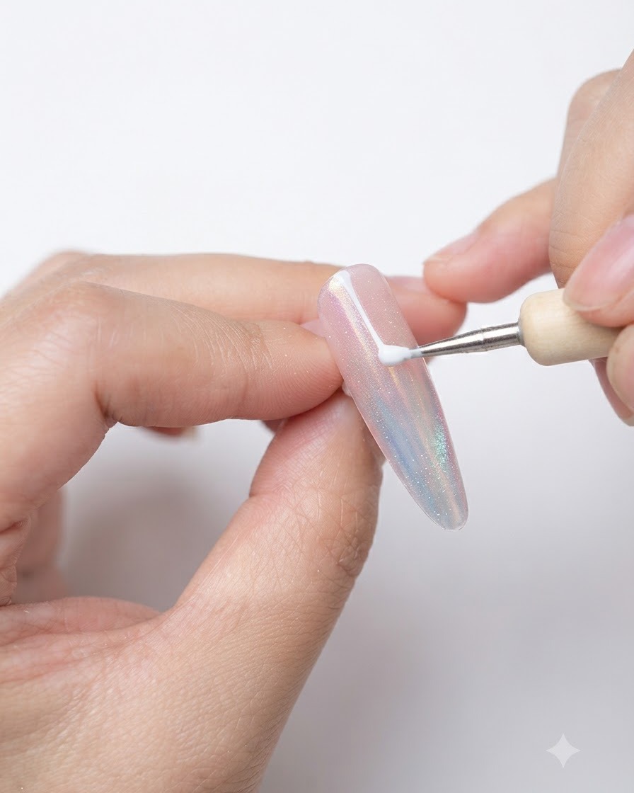 A close-up of a fine liner brush applying white gel lines onto a decorated nail.