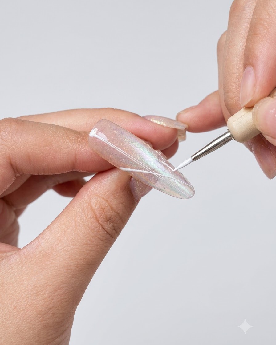 A close-up of multiple thin white lines drawn intricately on the nail.