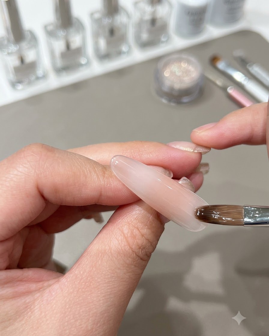 A brush smoothing out the nude base layer to form a gradient on the nail.