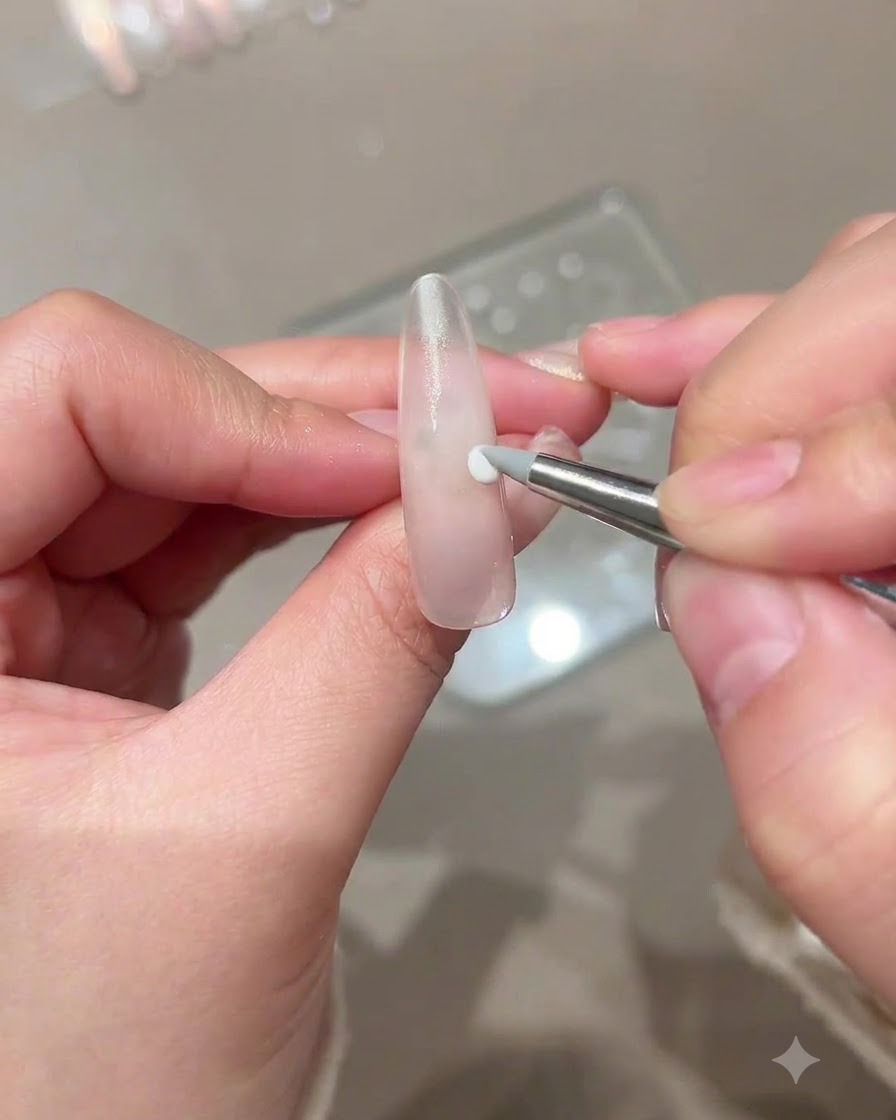 A silicone tip tool placing a small white dot of sculpting gel onto a nude nail.