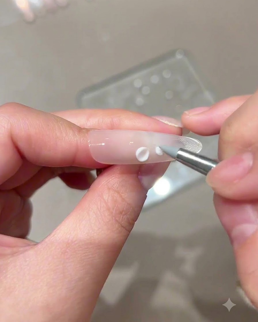 A nail tool placing small dollop spheres of white sculpting gel around a center dot on a nail.