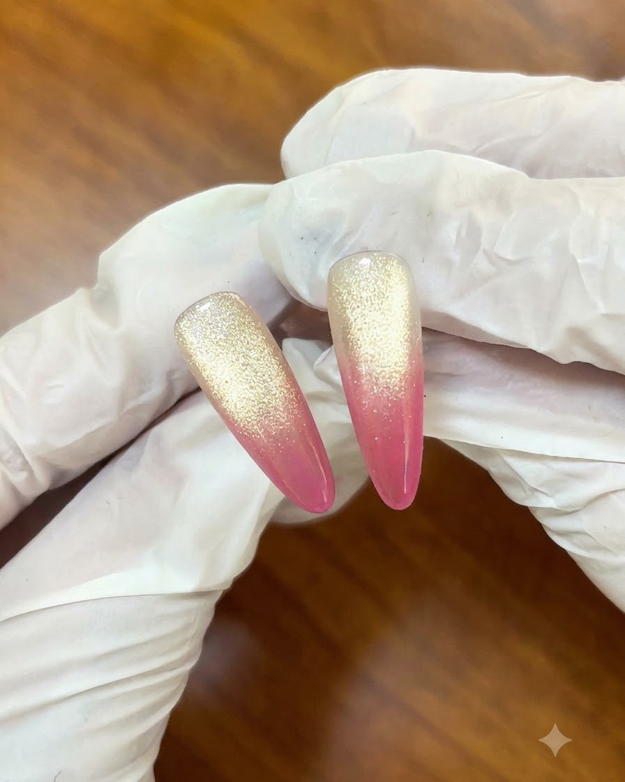 A close-up of a nail brush applying berry pink gel to the tip of a false nail.