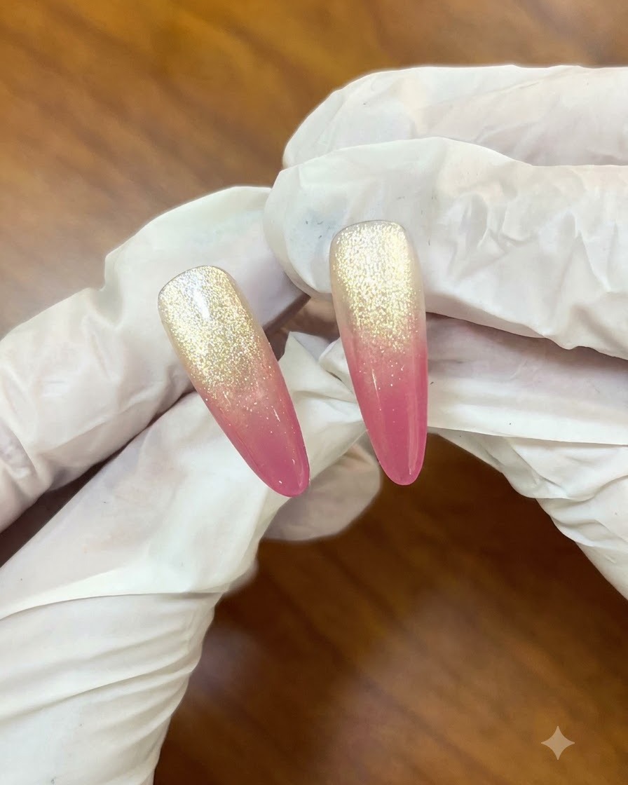 A makeup sponge gently dabbing pink gel on a nail to create an ombre gradient.