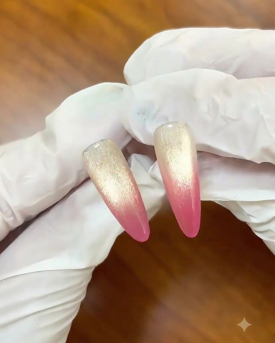 Applying a second coat of berry pink gel to darken the nail tips.