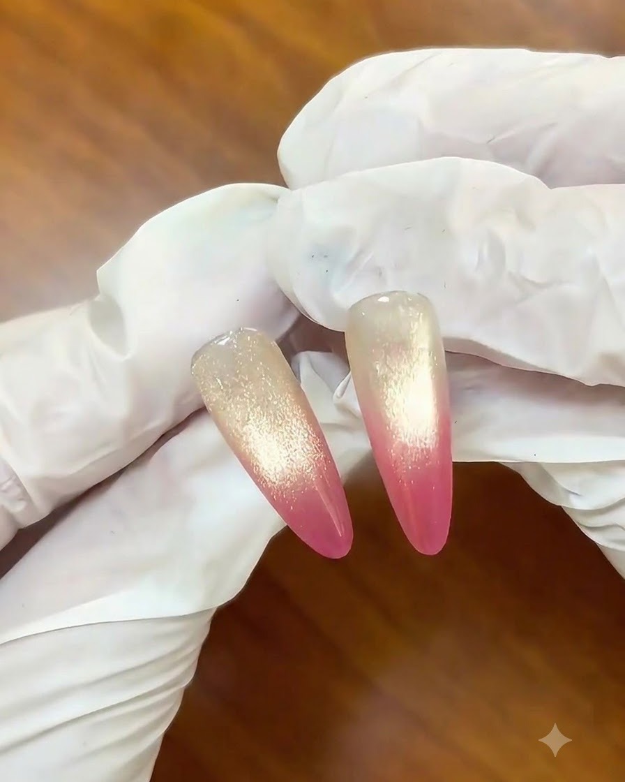 A brush coating a gold magnetic cat-eye polish over the pre-cured gradient nail.
