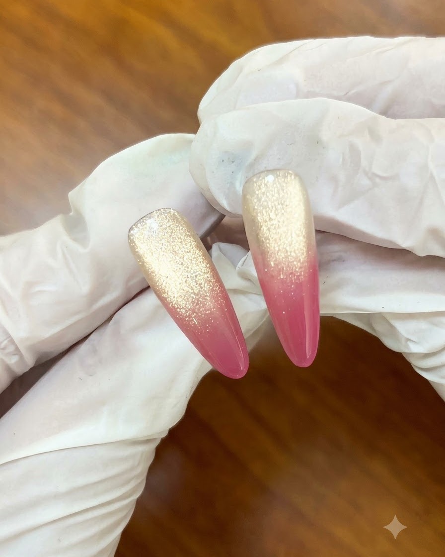 A magnetic tool held near the side of a painted nail to gather magnetic glitter particles.