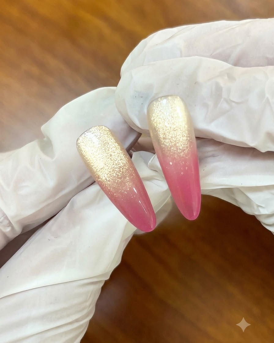 A small magnet gliding along the left side of a gel-coated nail to refine the cat-eye glitter.