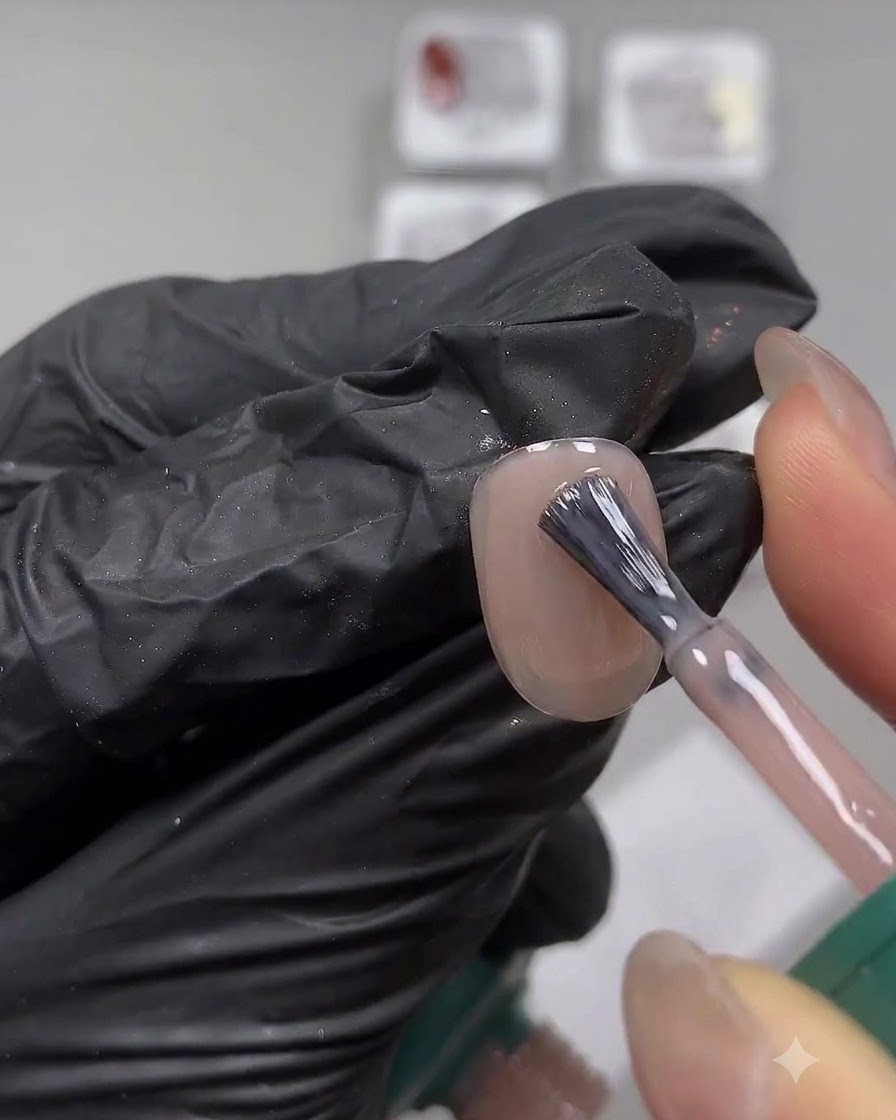 A nail brush carefully applying a smooth coat of nude milky gel polish onto a natural fingernail.
