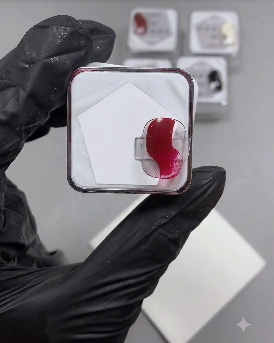 A spatula or brush placing dollops of vibrant red potted gel onto a clean white mixing palette.